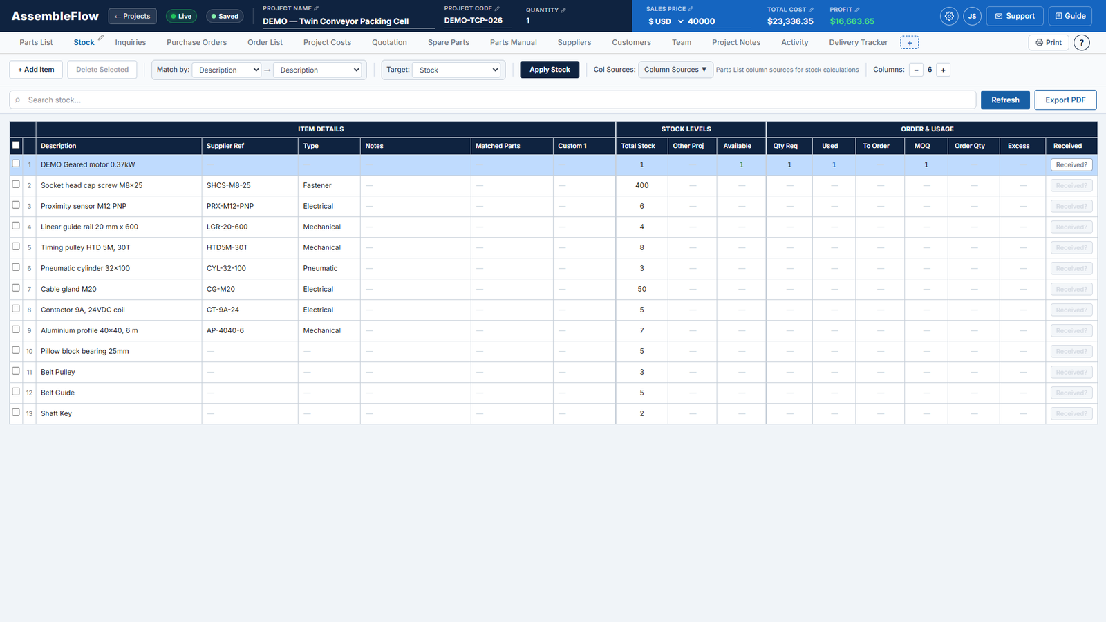 AssembleFlow stock list with descriptions, supplier references, part types and total stock