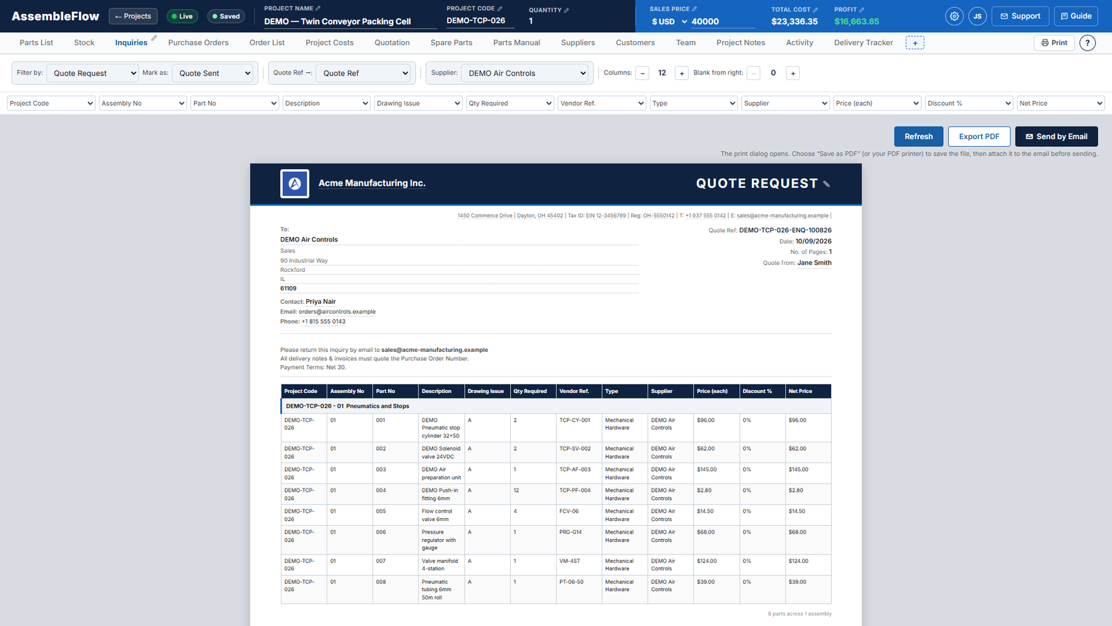 Quote request generated by AssembleFlow for a pneumatics supplier with eight part lines