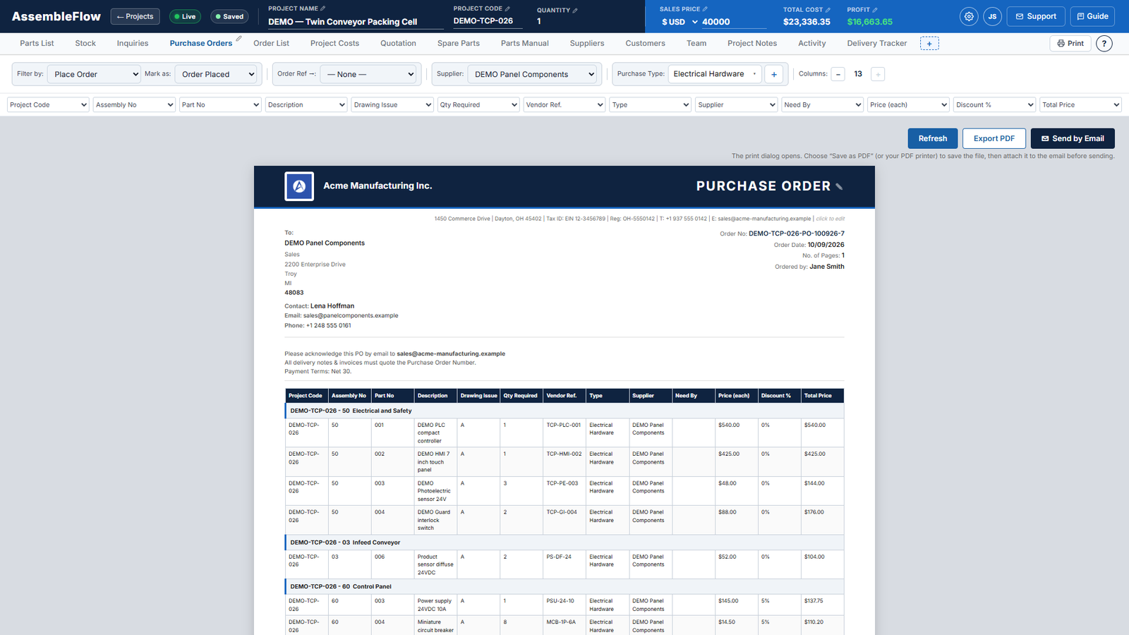 Purchase order generated by AssembleFlow for an electrical supplier with part lines, prices and total