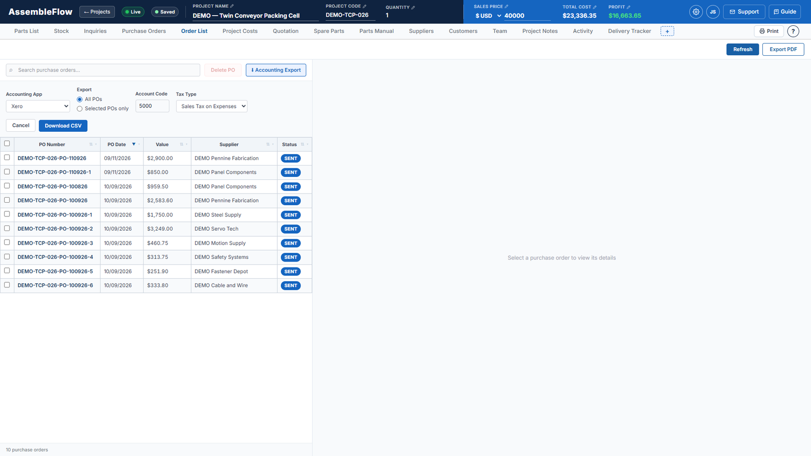 Order list screen of AssembleFlow showing a fictional machine build