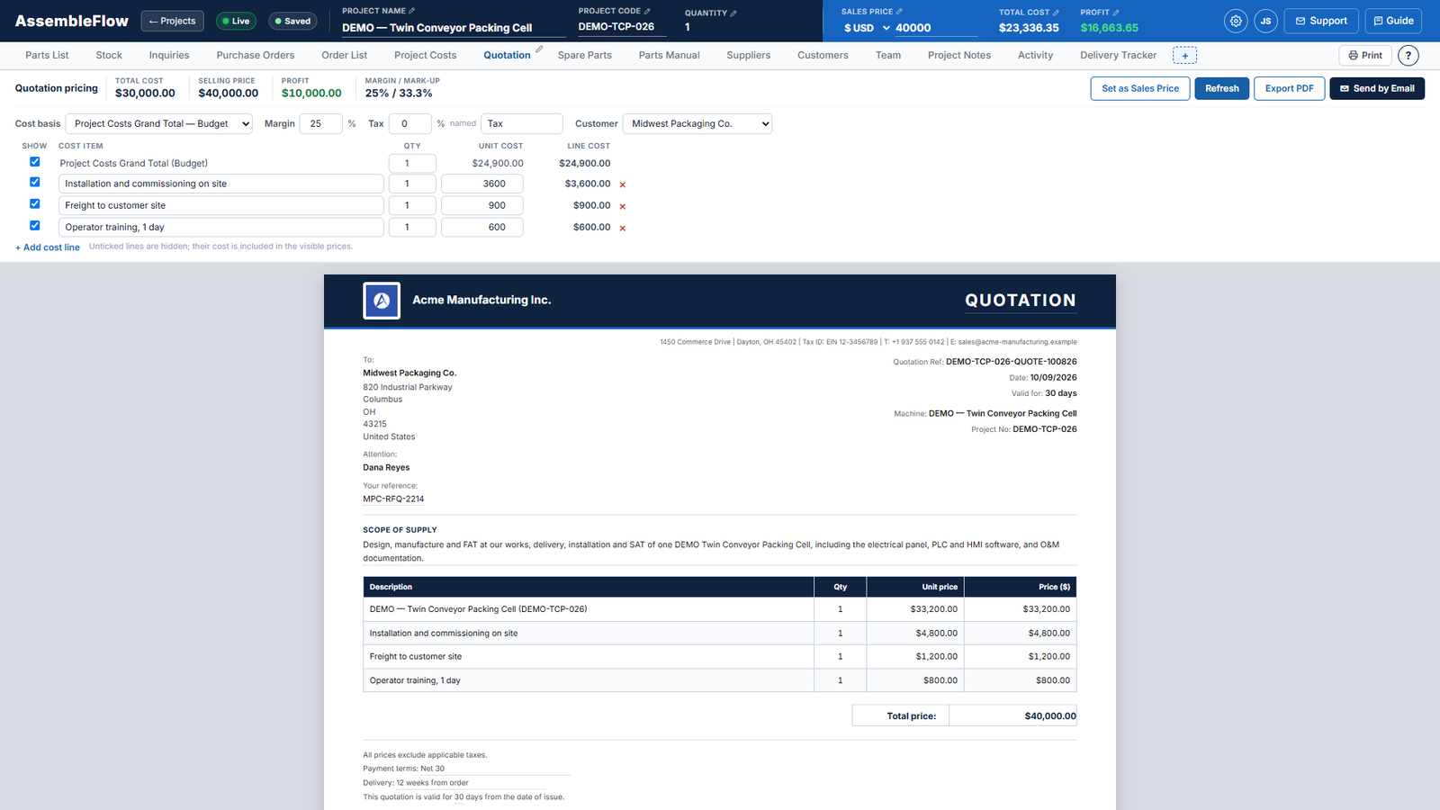 AssembleFlow quotation pricing above a customer quotation with installation, freight and training lines