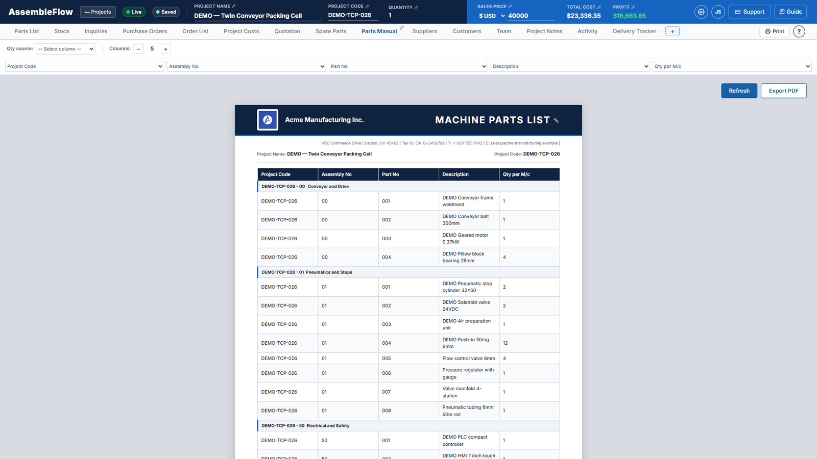 Parts manual screen of AssembleFlow showing a fictional machine build