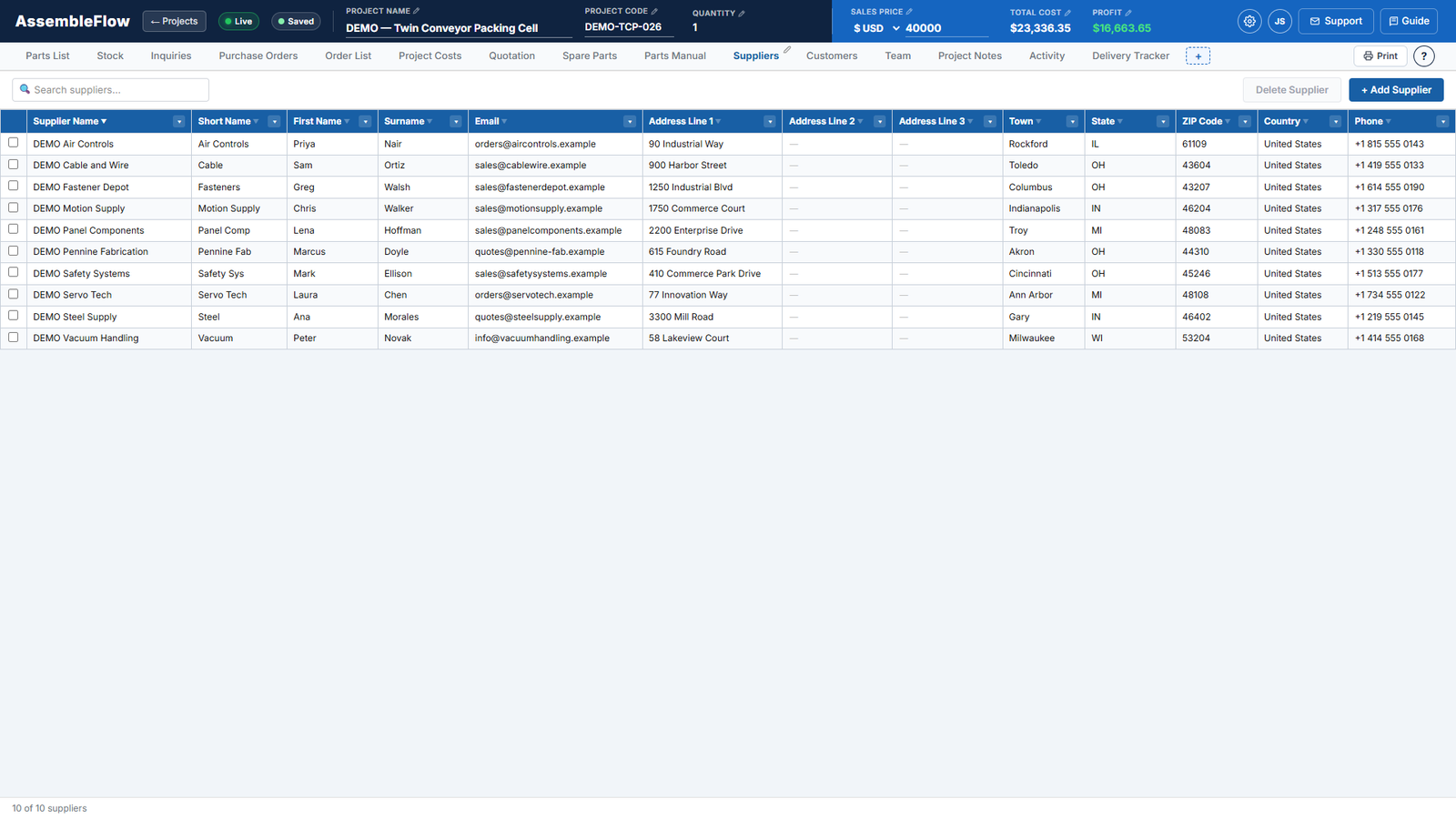 Suppliers screen of AssembleFlow showing a fictional machine build