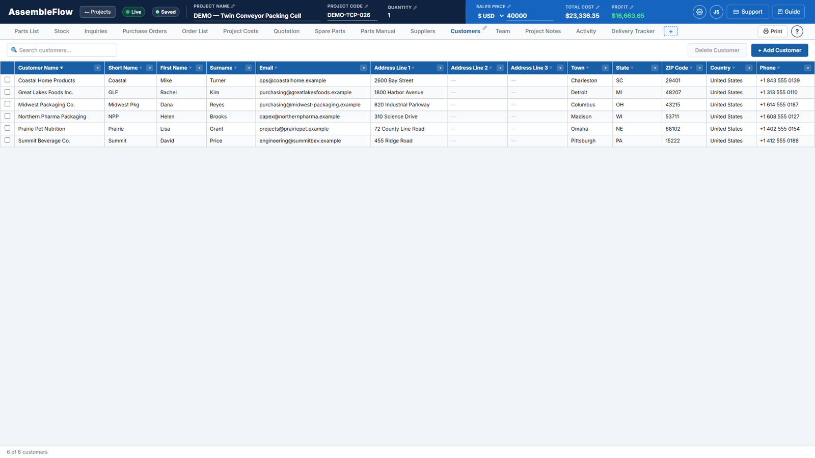 Customers screen of AssembleFlow showing a fictional machine build
