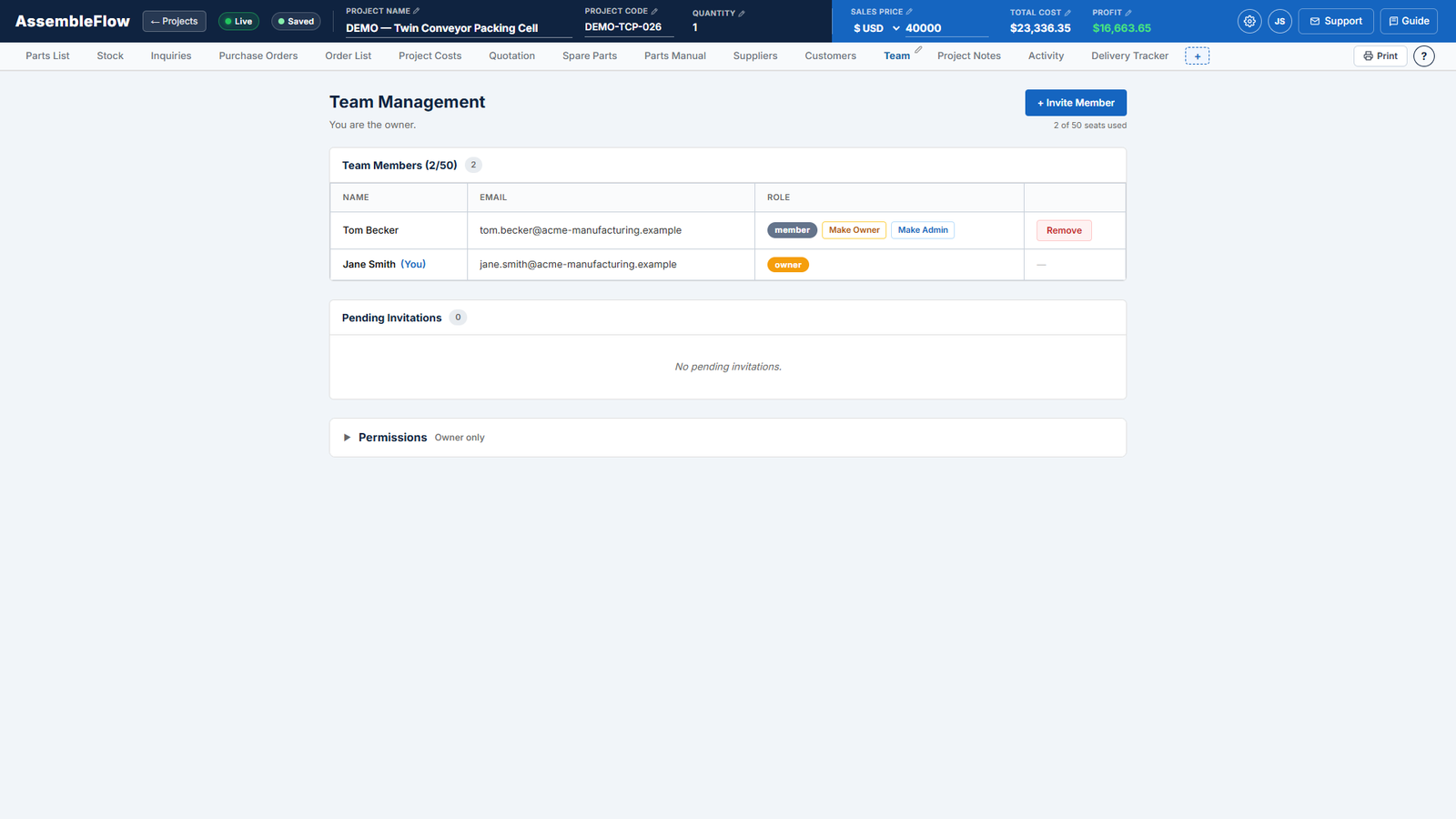 Team screen of AssembleFlow showing a fictional machine build