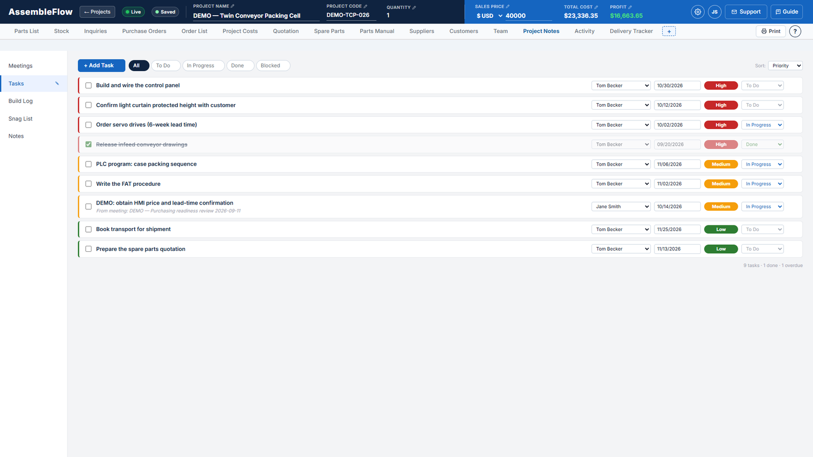 AssembleFlow project notes with a task list showing owners, due dates, priorities and status
