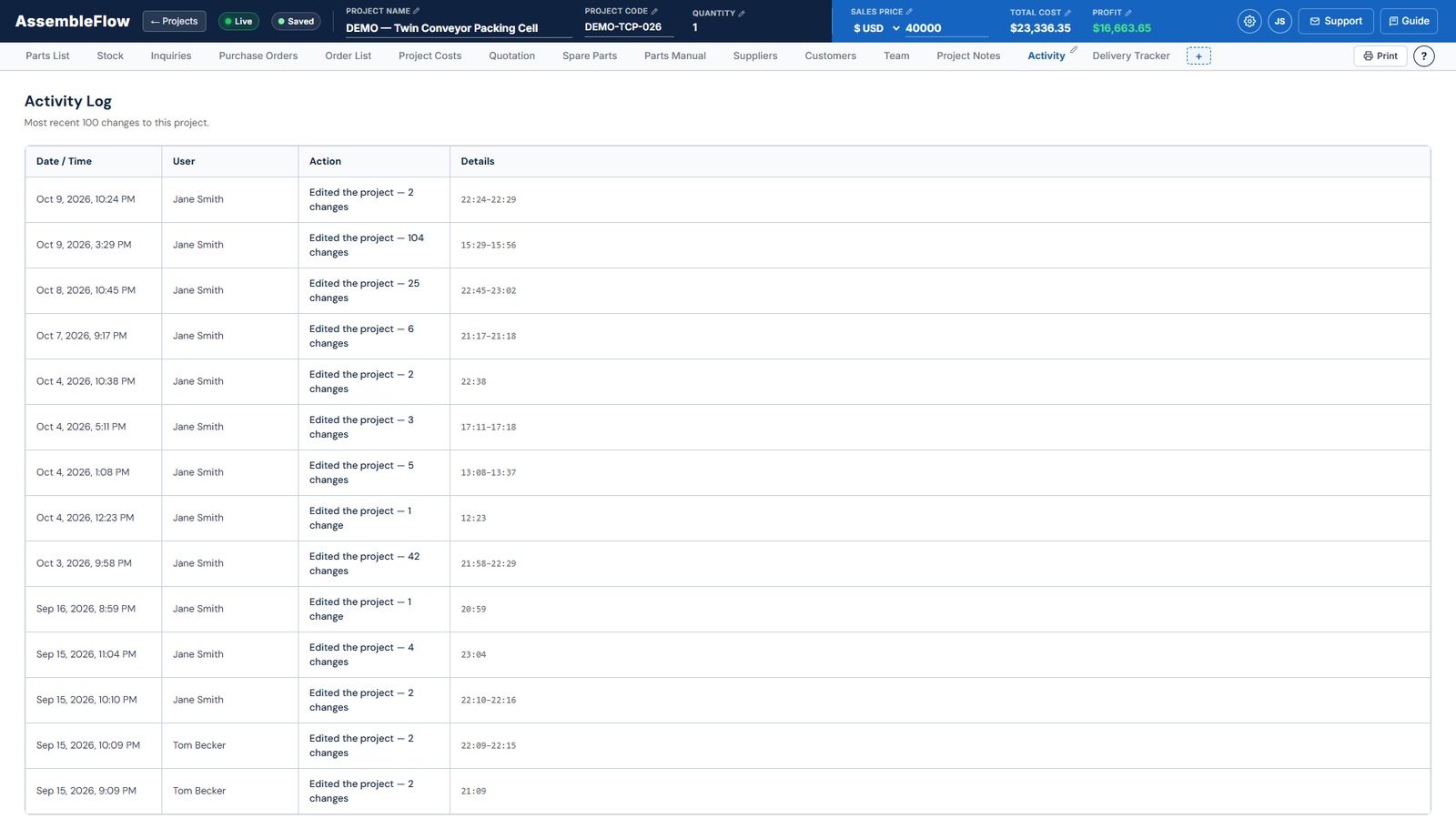 Activity screen of AssembleFlow showing a fictional machine build